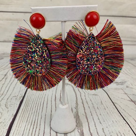 Rainbow tassel fringe druzy statement earrings - Picture 2 of 5